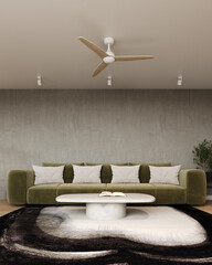 Modern interior design of living room with green sofa and empty concrete wall background. 3D...