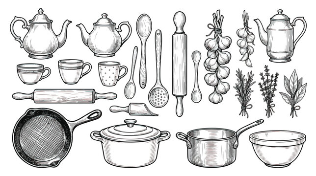 Vintage kitchenware vector set, hand drawn kitchen utensils and cookware icons, rustic culinary tools and herbs in engraving style