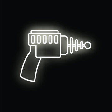 Futuristic blasters weapon glowing white neon line art on black background