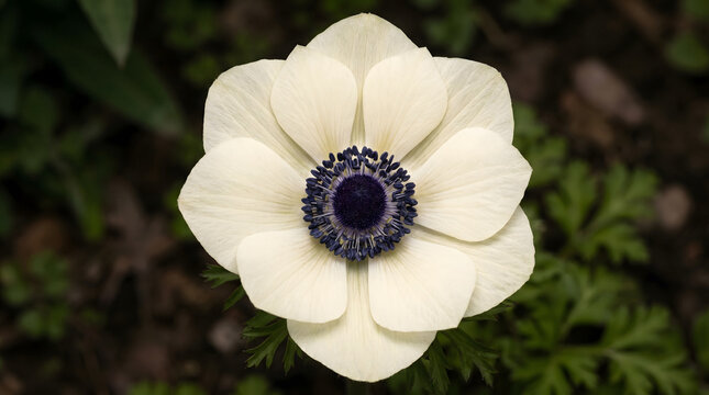 Close-up white anemone flower with dark center in natural green garden setting