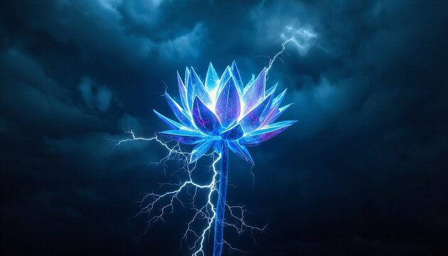 Abstract flower composed of electrical lightning bolts and plasma. Glowing against a dark stormy night sky. Electrifying atmosphere with crackling energy and high voltage visual