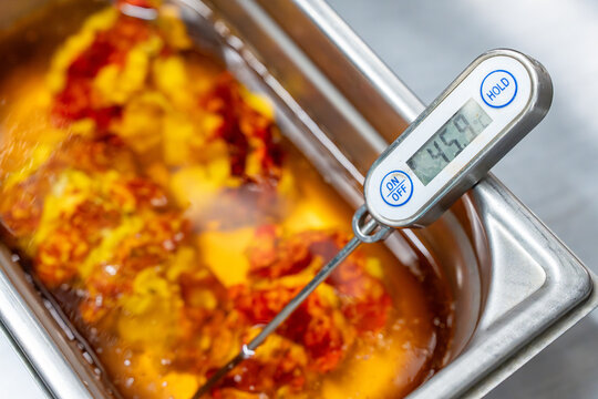 Mesure de la temp&eacute;rature d&rsquo;un plat &agrave; l&rsquo;aide d&rsquo;une sonde thermique.
