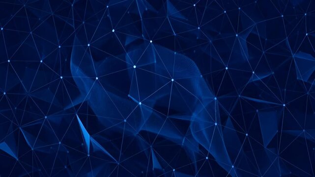 Abstract blue polygon network background with glowing points, dark gradient waves, digital mesh, futuristic geometric line pattern, modern technology wallpaper, searchable SEO design