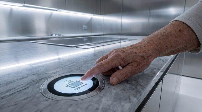Person touching button on kitchen countertop with hand.