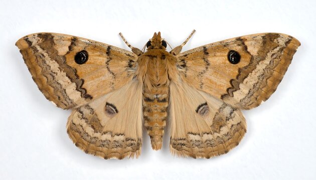 Overhead shot of a moth with patterned wings, featuring two prominent eye-spots, in shades of brown and beige. Body is symmetrical