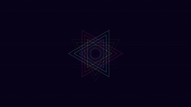 Seamless 4K loop of a glowing indigo merkaba sacred-geometry pattern breathing in radial symmetry in rich volumetric light. Ideal for meditation background, yoga. 4K UHD.