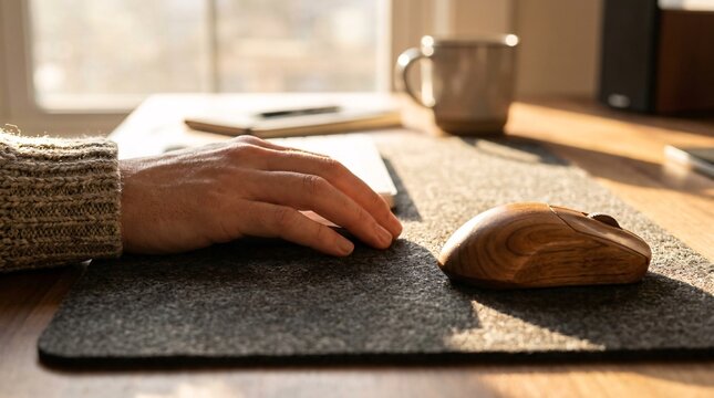 A person's hand rests on a dark gray mousepad with a wooden mouse on a desk near a window with a mug.