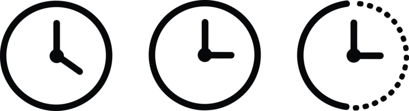 Clock outline icons, watch faces showing different times, duration and history symbols for scheduling, deadline, management, and project timing