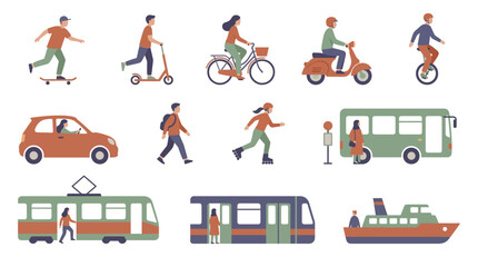 Fototapeta premium Set of flat people illustrations using urban transport modes like bike, scooter, bus and train, representing eco-friendly city commuting and sustainable public transit navigation