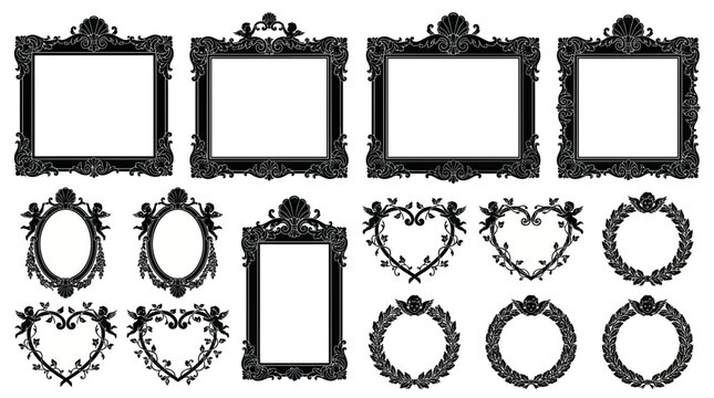 Collection of black ornate vintage frame silhouettes with baroque scrolls and cherub angels in rectangular heart and circular shapes, represents luxury border design, symbolizing elegant art