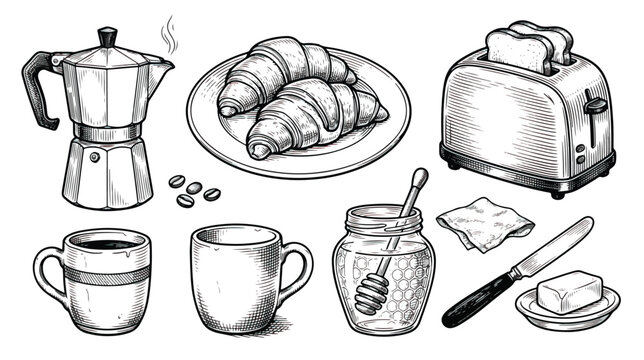 Vintage hand drawn breakfast set, engraved style morning food and drink icons, moka pot coffee and croissants vector illustration
