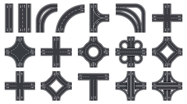 Collection of top view road intersection icons and highway junction map elements with white arrows and asphalt texture, illustrating urban infrastructure planning or traffic management systems design