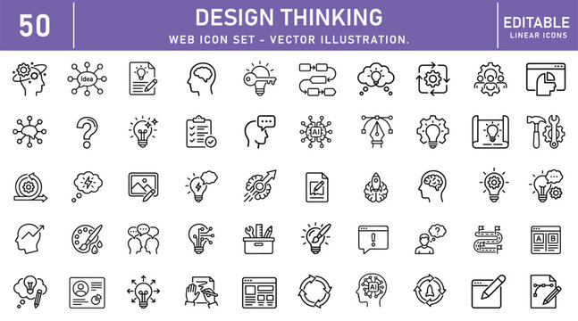 Design Thinking icon set. Innovation related line icons: brainstorming, creative process, problem solving, user experience, strategy development and more. Editable stroke. Vector illustration.