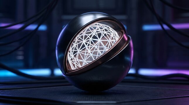 A futuristic metallic sphere with a glowing white geometric pattern sits on a dark surface in a high-tech room with purple and blue lights.