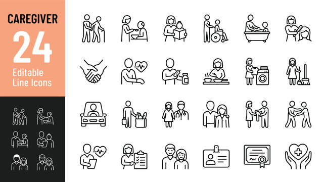 Caregiver, 24 senior elderly care line icon set. Home nursing, medication, cooking, laundry, medical support, disability minimal vector illustration. Simple outline signs. 64x64 Pixel Perfect. Editabl