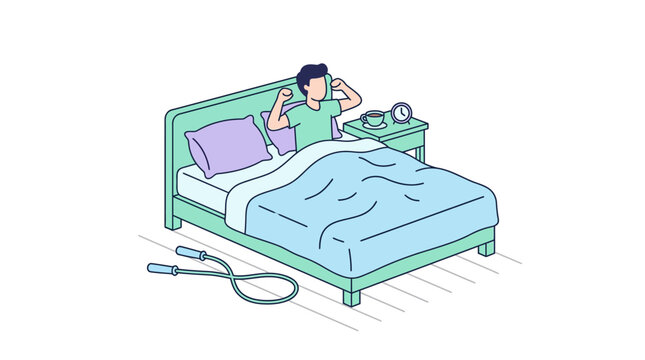 Man waking up in bed, stretching arms, bedside table with alarm clock and coffee