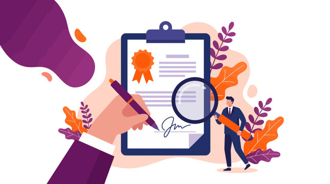 Professional hand signing legal contract paper on clipboard with gold seal award while businessman holds magnifying glass, symbolizing official document verification and representing legal agreement