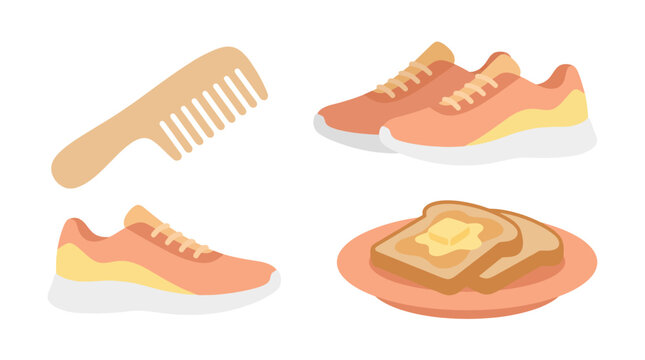 Morning routine essentials: sneakers, comb, and buttered toast on white background