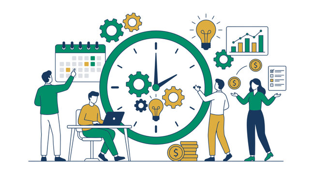 Team of business people managing tasks and schedules around a large clock with gears, calendar and financial icons, illustrating project management, representing corporate productivity
