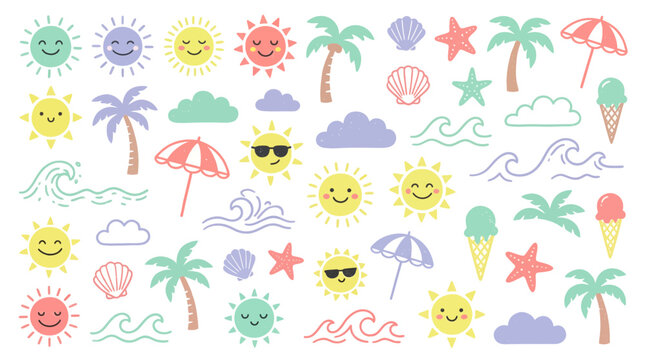 Collection of colorful hand drawn summer doodles featuring smiling suns, palm trees, shells, waves and ice cream icons on white, provides design assets, illustrating fun vacation themes