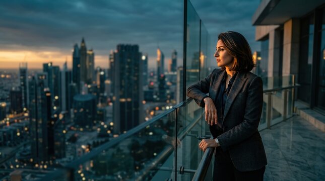 Female executive leader looking out at city skyline from rooftop balcony during sunset for corporate branding and professional marketing