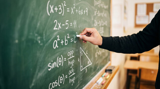 Teacher writing complex mathematical formulas on green chalkboard in classroom