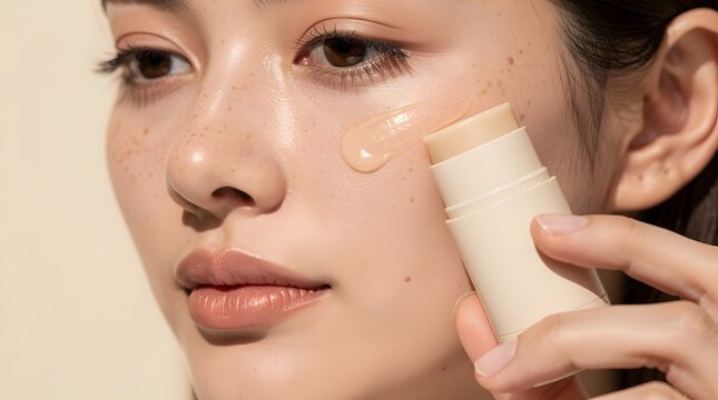 Woman uses a concealer stick to apply makeup on her face with precision and ease.