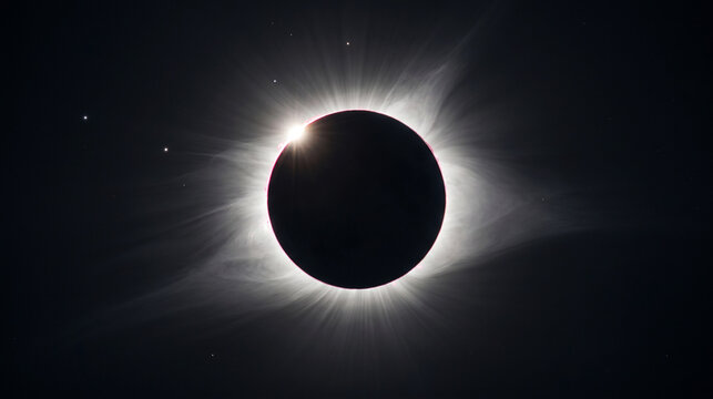 Total solar eclipse with diamond ring effect and solar corona in dark sky