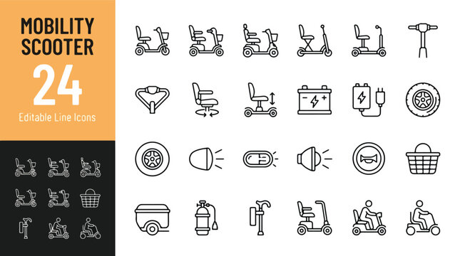 Mobility scooter line icon set. Electric wheelchair, handicap transport, battery charger, tire, headlight, horn, basket, trailer, oxygen tank minimal vector illustration. Simple outline signs for elde