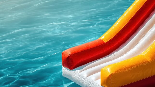 Inflatable water slide descending into clear blue swimming pool. Summer holiday leisure activity and outdoor amusement concept. Fun entertainment equipment for pool party and vacation.