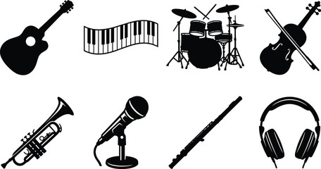 Black silhouette icons of musical instruments and audio equipment including guitar, piano keyboard, drums, violin, trumpet, microphone, flute, and headphones © Niheranjan