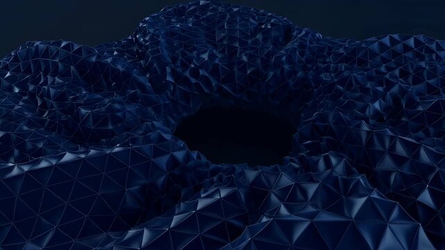 Dark blue corporate abstract background with geometric polygon surface, central void, and modern digital texture for sleek business design