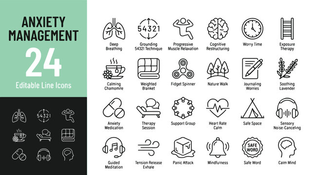 Anxiety management and mental health line icon set. Stress relief, therapy session, meditation, mindfulness, panic attack prevention minimal vector illustration. Simple outline signs. Editable Stroke.