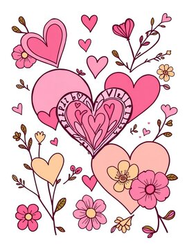 Whimsical spring-themed doodles featuring interlocking hearts and florals, linear, symbol
