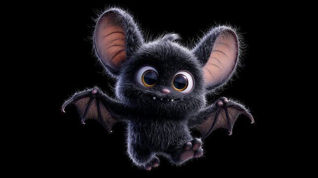 Adorable cartoon bat character with large expressive eyes and fluffy fur isolated on black background. Fantasy animal illustration featuring a cute flying bat with wings. Perfect for Halloween theme