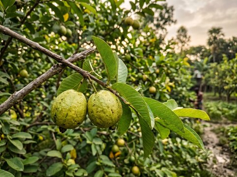 Bangladeshi Guava Branch with Fresh Fruits in Village Orchard Bokeh