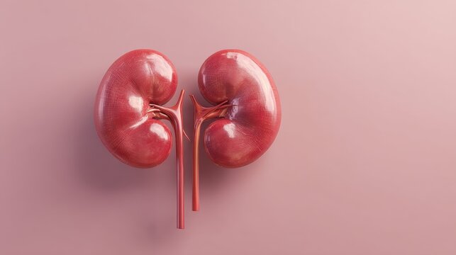 Human kidney anatomical model on clean background. Medical 3D rendering for biology education and internal medicine diagnostics. Healthcare science concept for urology and nephrology.