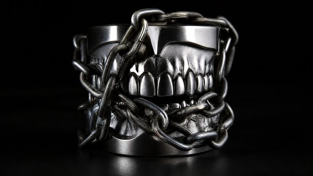 Metal dental model wrapped in heavy chains, symbolic representation of constrained movement on dark background.