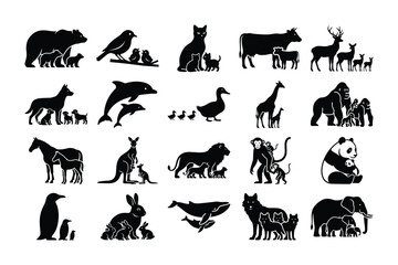 Fototapeta premium Animal Family Silhouette Vector Icon Collection for Wildlife Themes