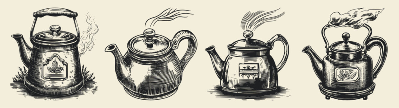 Series of four vintage metal teapots illustrated with steam and heat effects, showcasing traditional household kitchenware in detailed line art style.