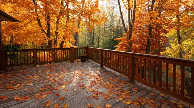 Wooden deck covered with colorful fallen leaves surrounded by vibrant autumn forest. Peaceful outdoor terrace view in fall season. Nature scenery and relaxing tranquil background atmosphere.
