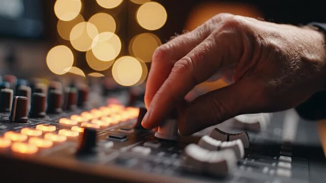 Close up of hand adjusting faders on a professional audio mixing console in a recording studio