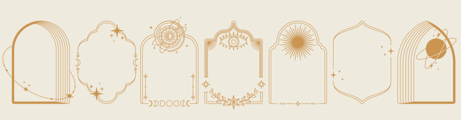 Celestial boho frames with moon phases, butterfly and mystical arch design, abstract vector set isolated on black background. Esoteric art with stars, sun symbols, and magical pattern, vintage borders