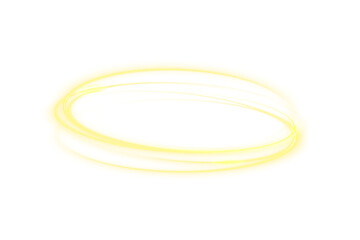 Naklejka premium Golden neon ring with glowing circle and glow effect. Round light frame with abstract light lines of movement and speed. Bright PNG image isolated on transparent background.