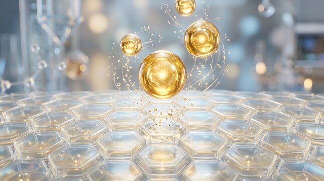 Golden serum droplets absorbing into scientific skin surface layer with hexagonal cellular structure for deep moisture boost