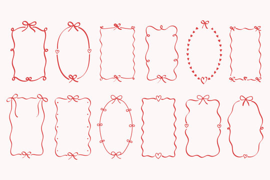mega set of Frame border hand drawn line set. Frame border line hand drawn doodle rectangle vintage wavy bow picture. Cute whimsical decoration scallop squiggly curly wedding invitation. Vector illust