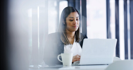 Obraz premium Laptop, reading and woman at office for project, insurance review or underwriting with risk assessment. Business, computer or person with email for policy quote, premium benefits or coverage proposal