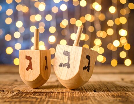 Close-up of two wooden spinning tops with Hebrew letters against a backdrop of glowing golden lights