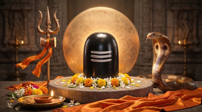 Hindu shiva lingam with trident and snake  with flowers and a lit diya