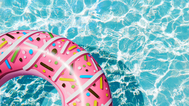 Pink inflatable ring in a clear turquoise water surface with sunlight reflections and ripples. Pink float. Bright summer backgrounds ideal for aqua party concepts.